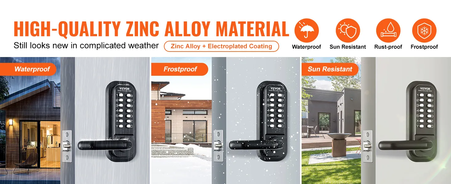VEVOR keyless entry door lock in various weather conditions: waterproof, frostproof, sun resistant.