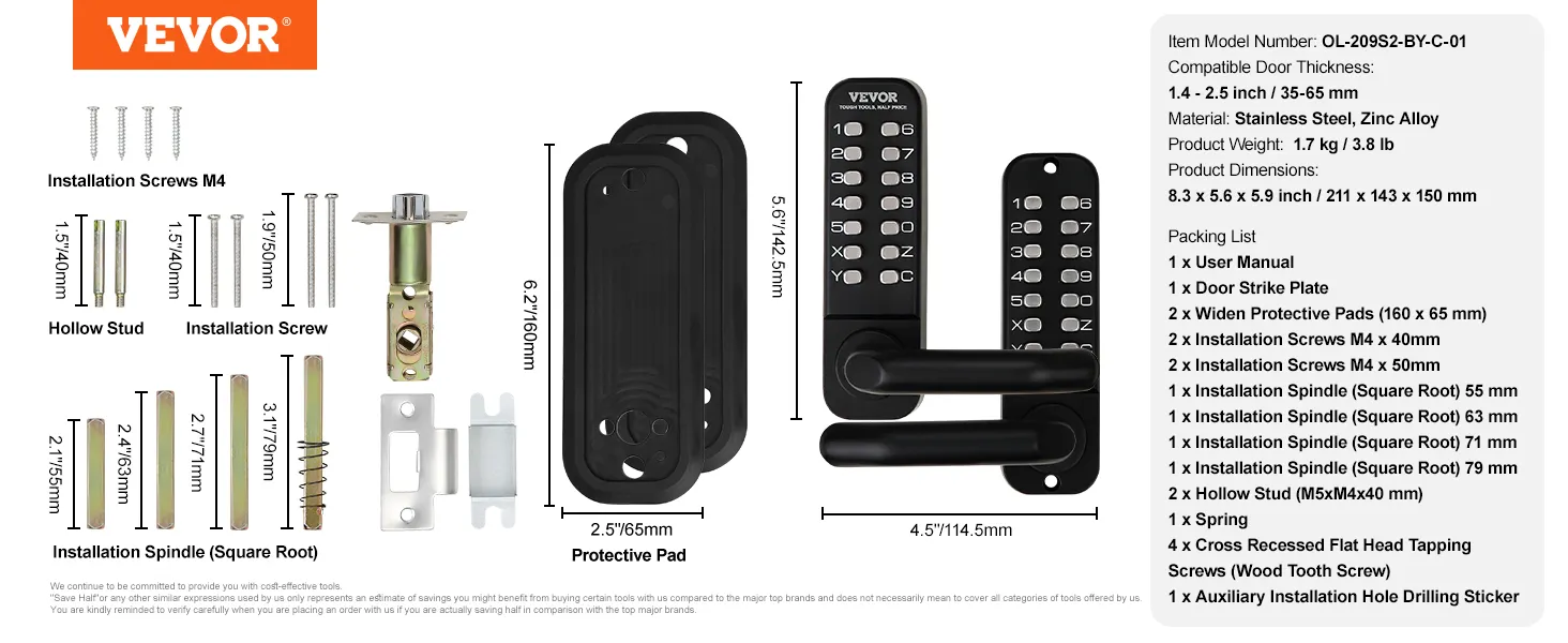 VEVOR keyless entry door lock kit with installation screws, protective pads, spindles, and manual.