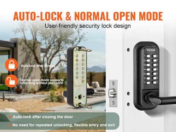VEVOR keyless entry door lock with auto-lock and normal open mode features against a house background.