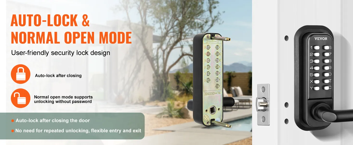 VEVOR keyless entry door lock with auto-lock and normal open mode features against a house background.