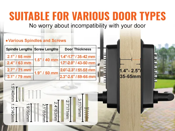VEVOR keyless entry door lock with various spindle and screw sizes, suitable for multiple door types.