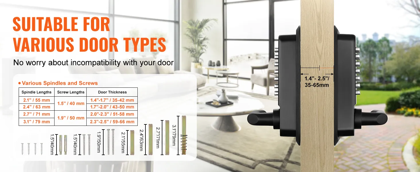 VEVOR keyless entry door lock with various spindle and screw sizes, suitable for multiple door types.