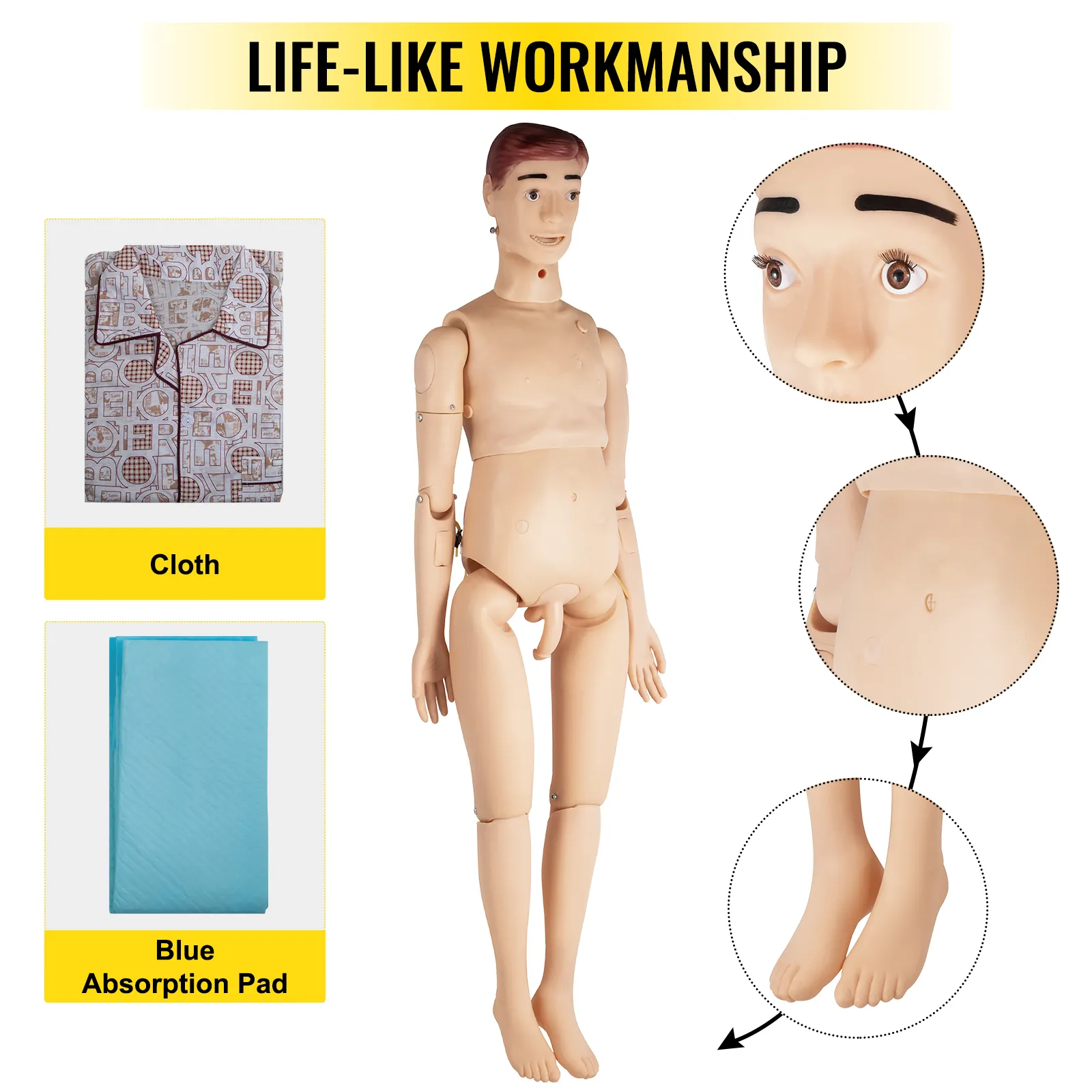 Maniquí de enfermería VEVOR mostrado con tela y almohadilla de absorción azul, mostrando detalles realistas.