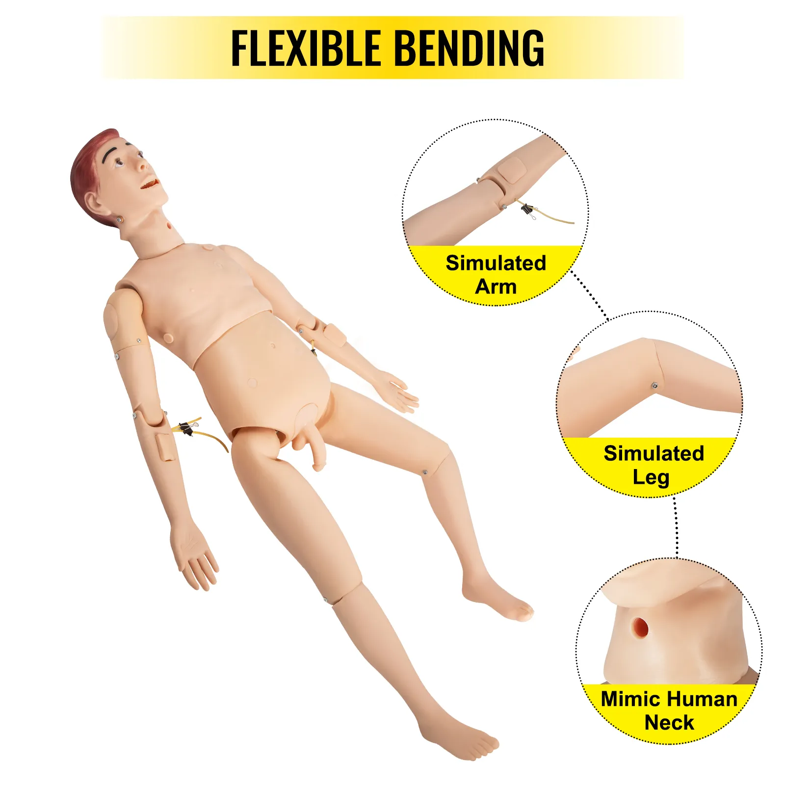 Maniquí de enfermería VEVOR que muestra flexión flexible, brazos, piernas y cuello simulados.