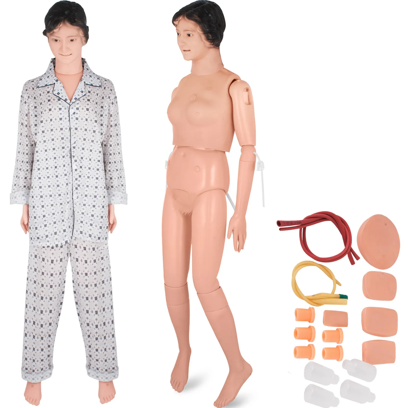 Maniquí de entrenamiento médico VEVOR con accesorios y bata de paciente uno al lado del otro.