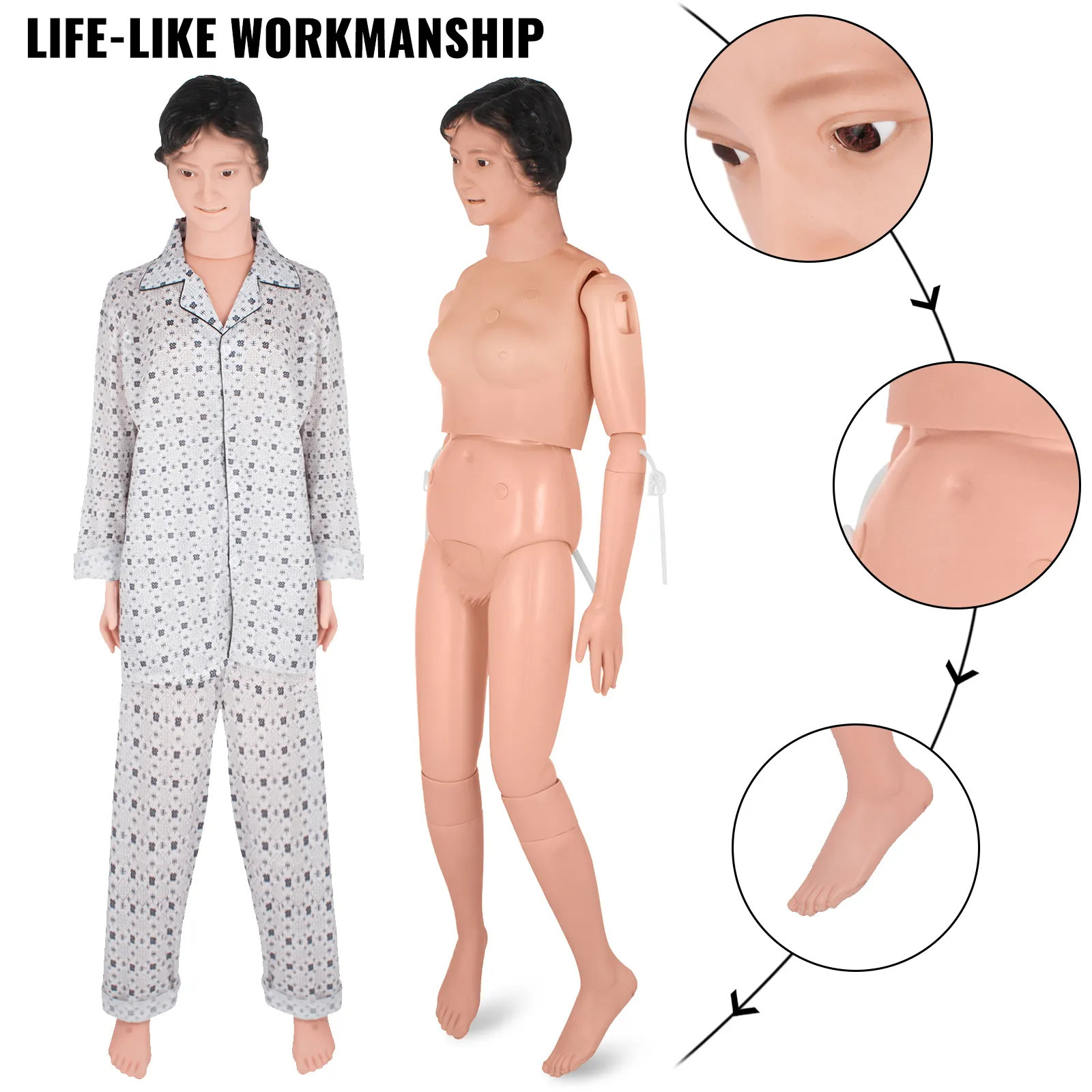 Maniquí de entrenamiento médico VEVOR realista en pijama y detalles anatómicos.