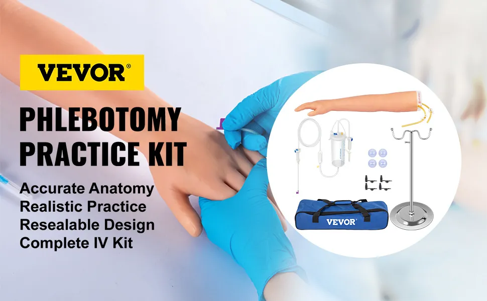 VEVOR phlebotomy practice kit with human arm model, iv stand, and carrying bag for realistic training.