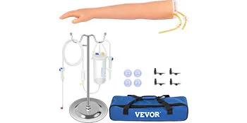VEVOR phlebotomy practice kit with arm model, iv stand, syringes, connectors, and a blue carrying bag.