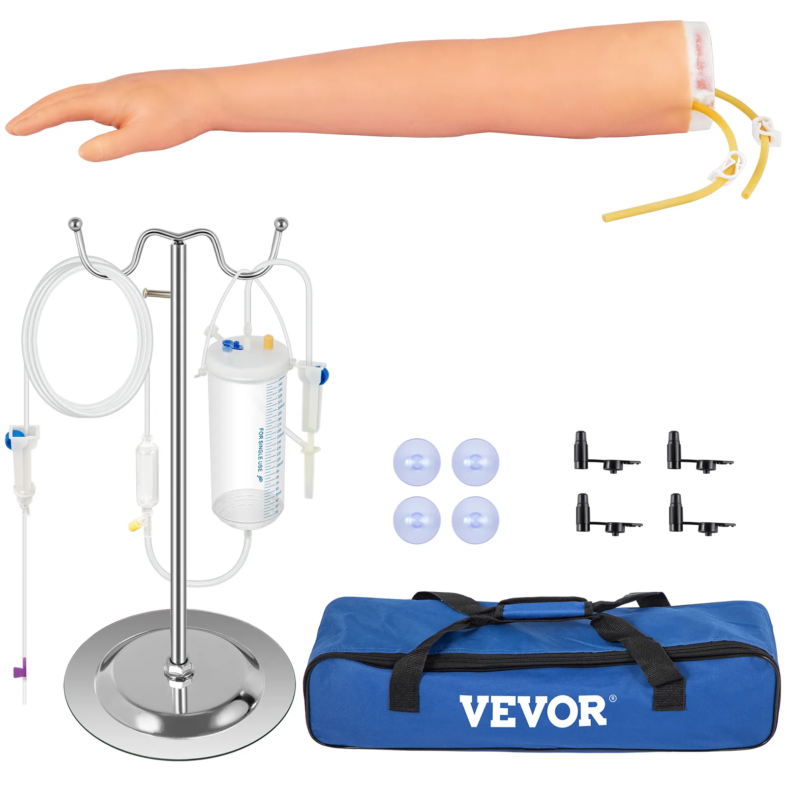 VEVOR phlebotomy practice kit with arm, iv stand, syringe, tubing, balls, and blue carrying bag.