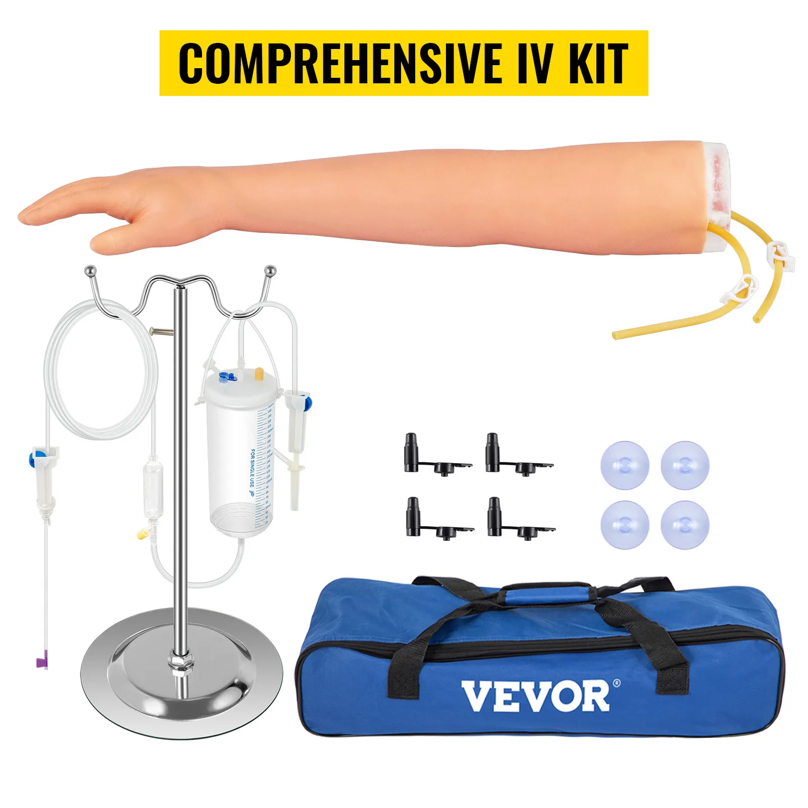 VEVOR phlebotomy practice kit with iv arm, stand, syringe, connectors, suction cups, and blue bag.