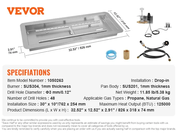 VEVOR fire pit burner kit with sus304 burner, 32.52"x12.52"x2.91", 125000 btu, propane/natural gas.