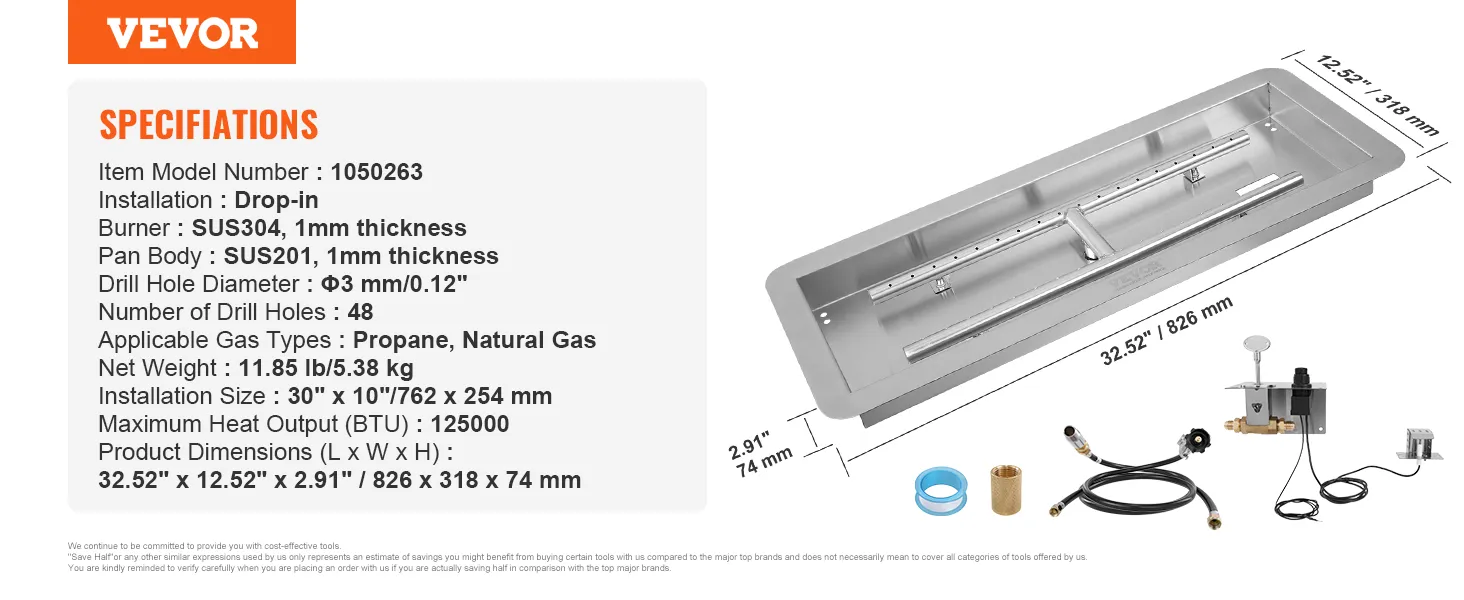 VEVOR fire pit burner kit with sus304 burner, 32.52"x12.52"x2.91", 125000 btu, propane/natural gas.