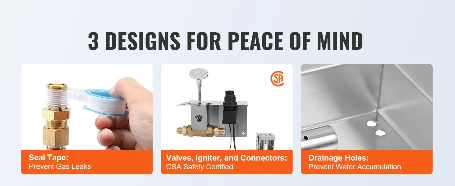seal tape, csa-certified valves, igniter, and connectors, drainage holes for VEVOR fire pit burner kit.