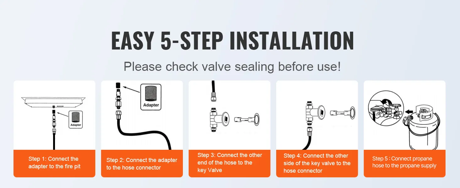 VEVOR fire pit burner kit installation steps diagram with adapter, hose, and gas connections.