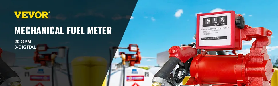 VEVOR fuel flow meter 20 gpm with red mechanical gauge in outdoor setting.