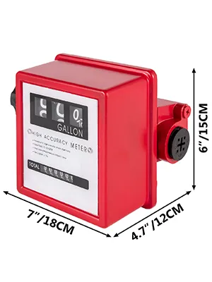 red VEVOR fuel flow meter with dimensional labels of 7"x4.7"x6" (18cmx12cmx15cm).