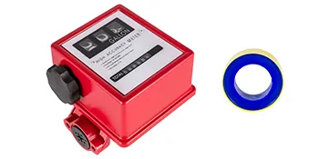 red VEVOR fuel flow meter with black fittings and blue-yellow sealing tape.