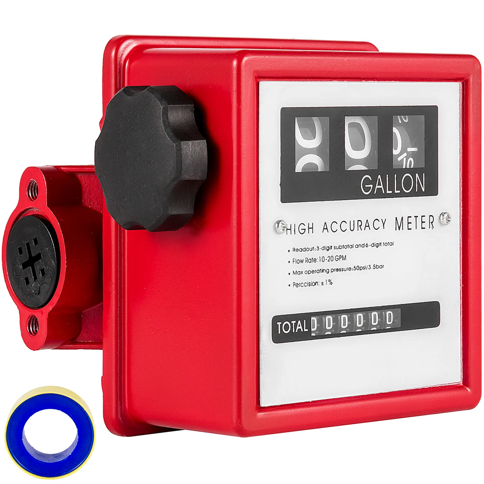 VEVOR fuel flow meter, red body, high accuracy, gallon readout, total count display.