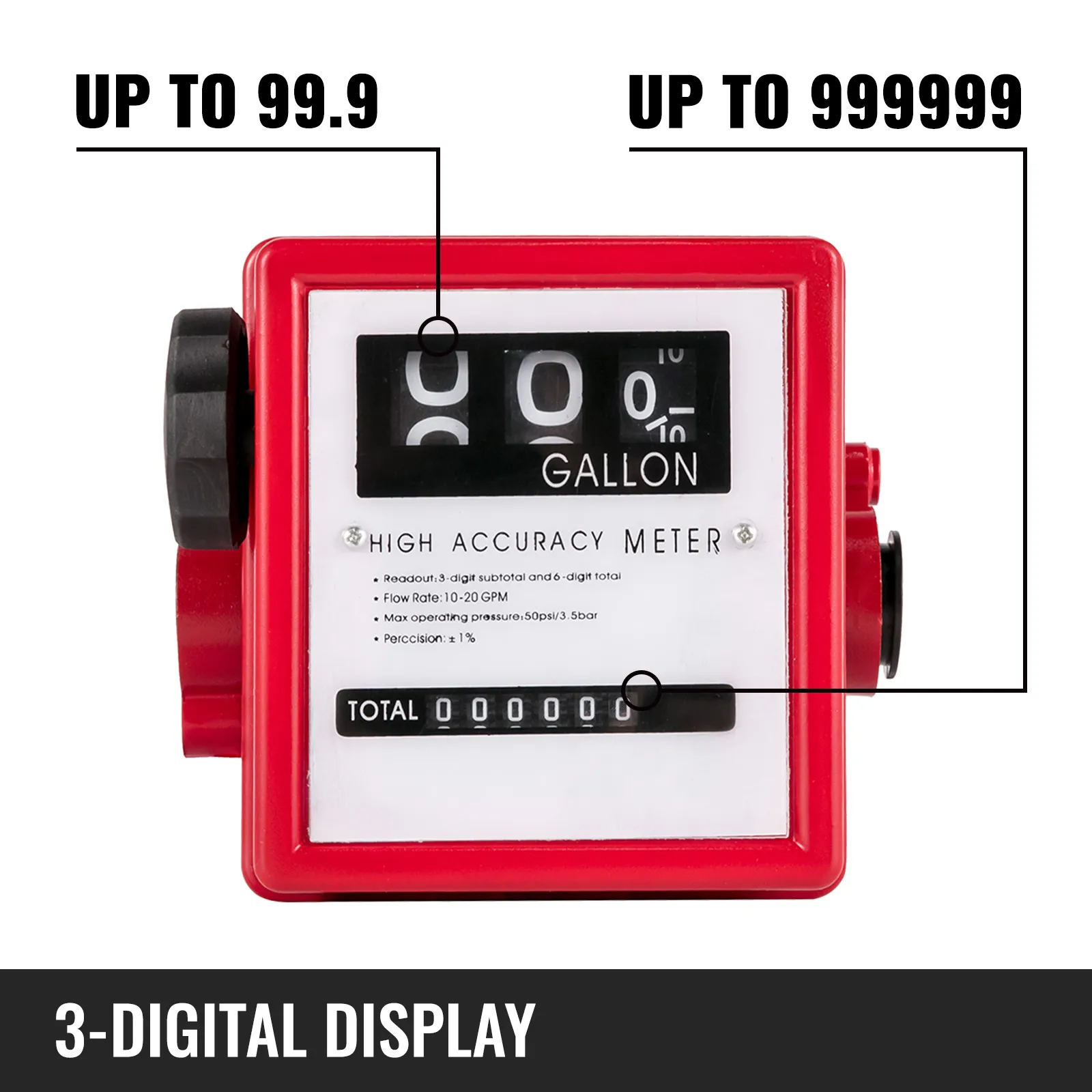 red VEVOR fuel flow meter with 3-digit display for accurate fuel measurement.
