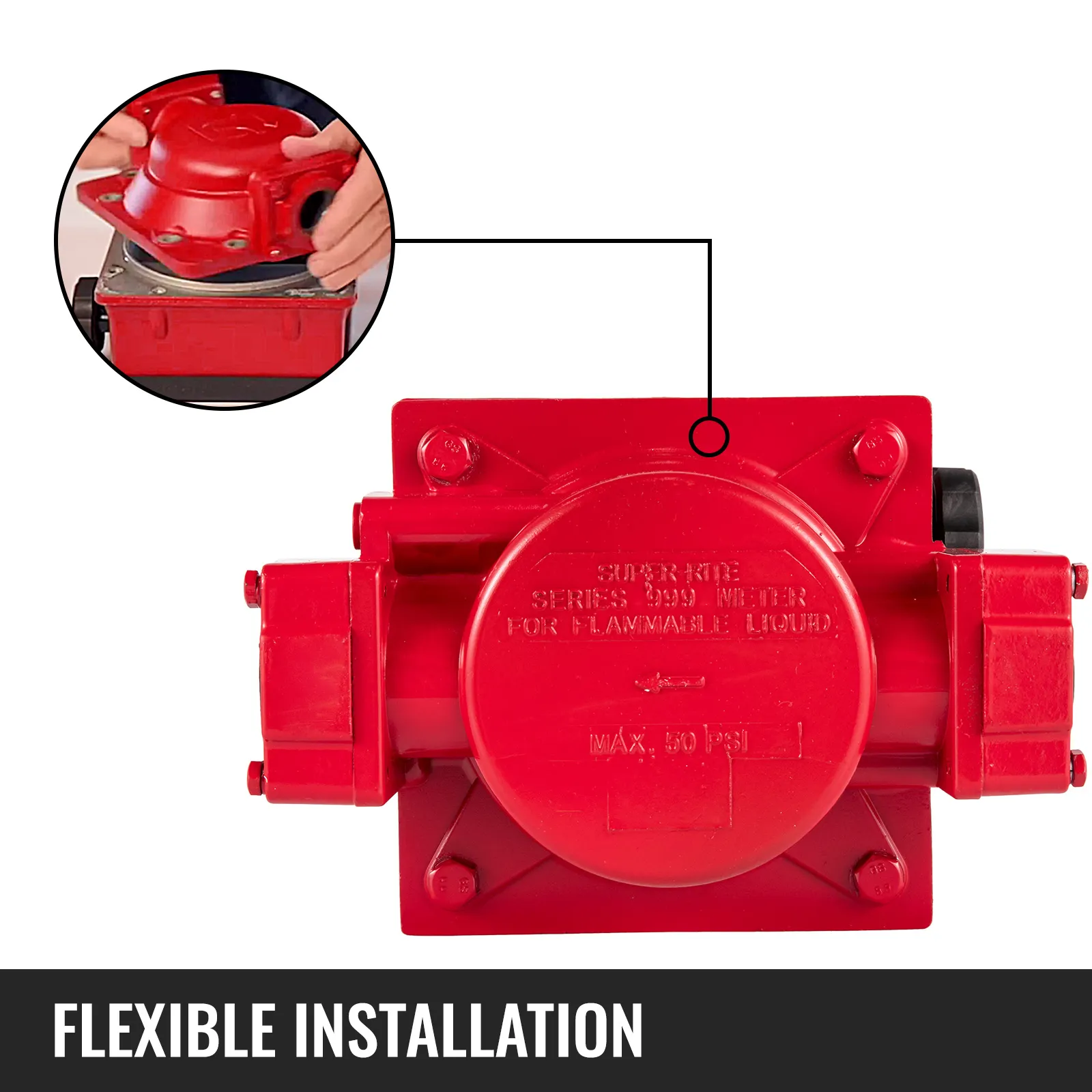 VEVOR fuel flow meter with adjustable red casing for flexible installation.