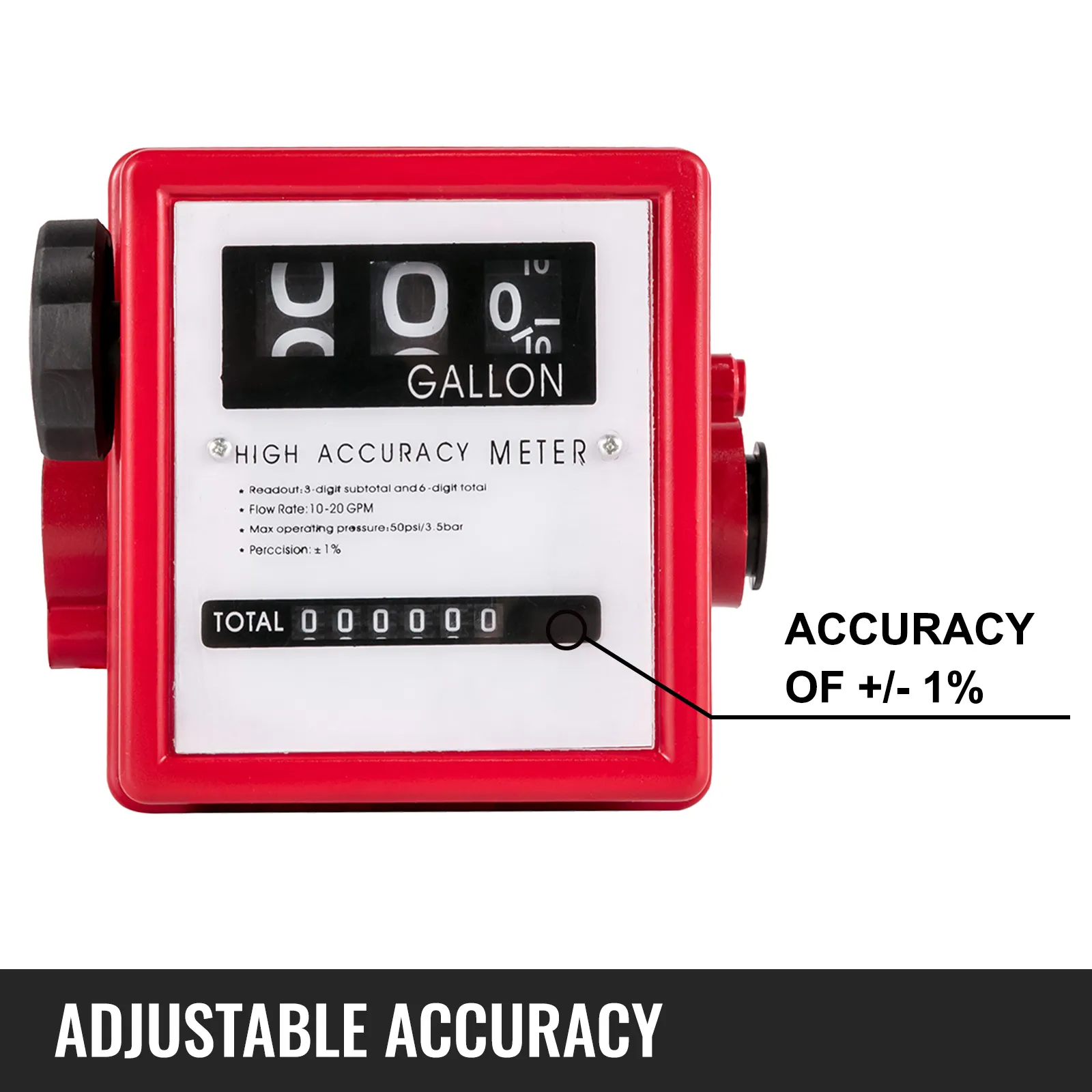 VEVOR fuel flow meter with high accuracy, red casing, and digital display.