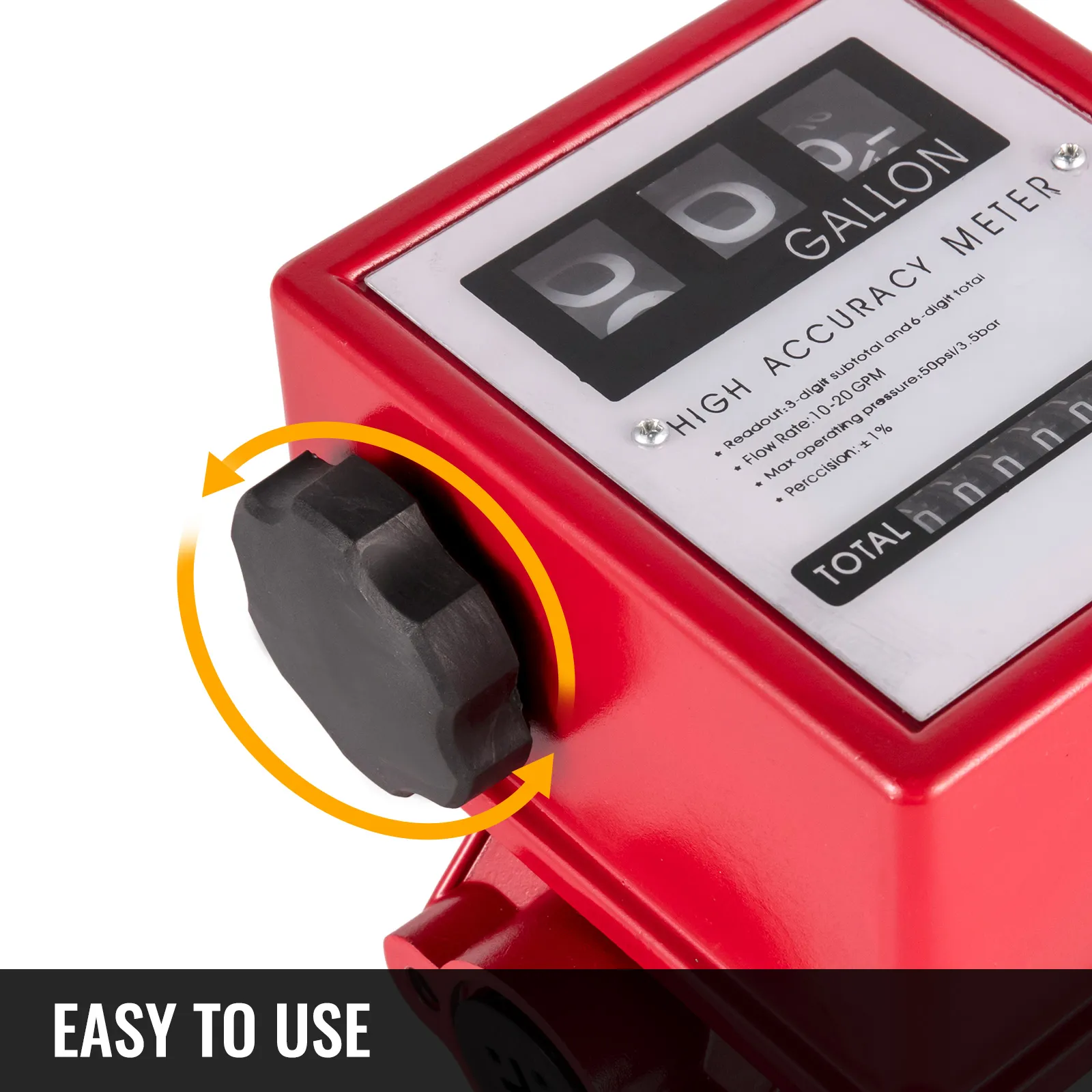 VEVOR fuel flow meter with easy-to-use adjustment knob in red casing.