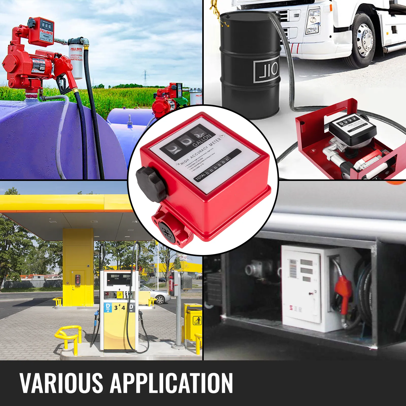 VEVOR fuel flow meter in various applications: fuel stations, trucks, and storage tanks.