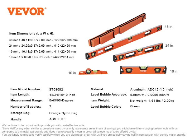 VEVOR magnetic torpedo level set includes 10, 16, 24, and 48-inch levels with orange nylon storage bag.