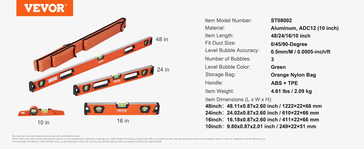 VEVOR magnetic torpedo level set includes 10, 16, 24, and 48-inch levels with orange nylon storage bag.