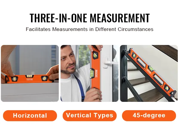VEVOR magnetic torpedo level for horizontal, vertical, and 45-degree measurements in various situations.
