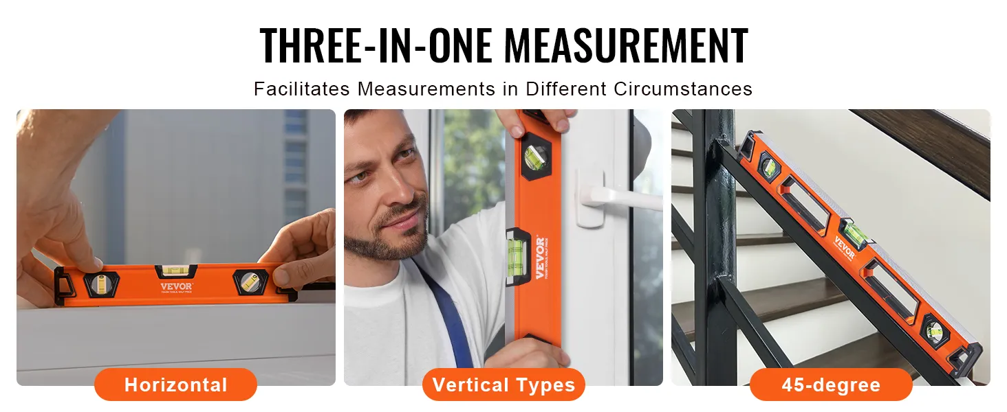 VEVOR magnetic torpedo level for horizontal, vertical, and 45-degree measurements in various situations.