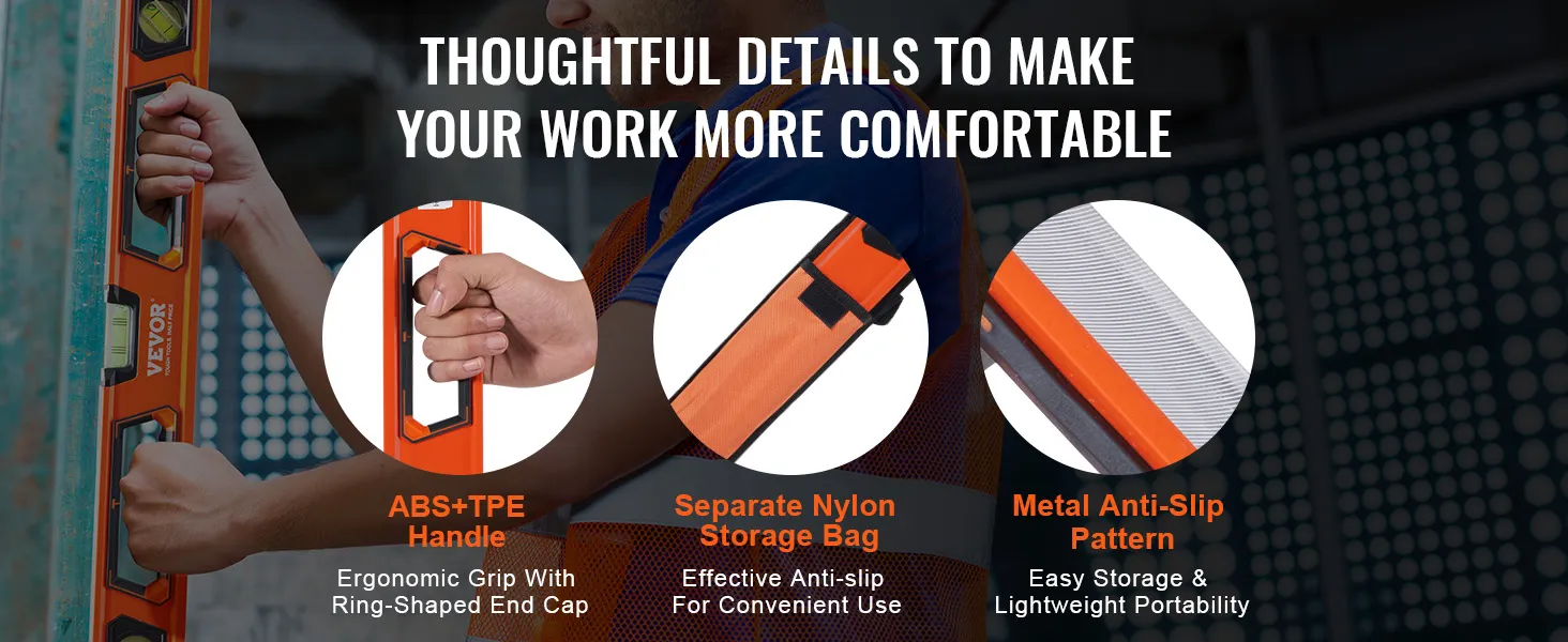 VEVOR magnetic torpedo level with abs+tpe handle, nylon bag, and anti-slip metal pattern, ergonomic and portable.