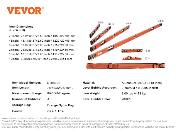 VEVOR magnetic torpedo level set with 6 levels, green bubbles, and orange carrying bag.