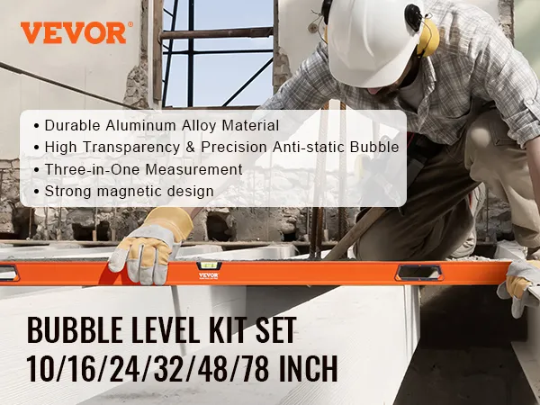 worker using VEVOR magnetic torpedo level in a construction site with tool features listed.