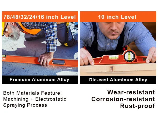 man using VEVOR magnetic torpedo level, available in premium or die-cast aluminum alloy options.