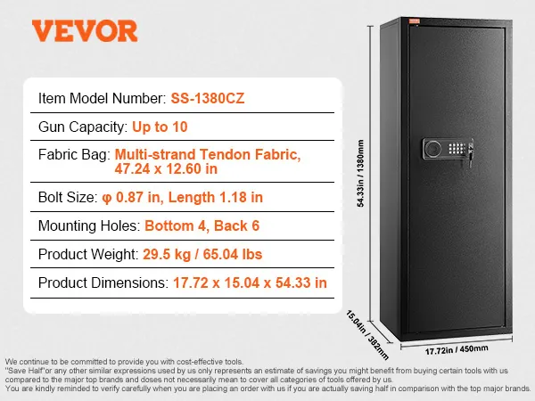 VEVOR gun safe, model ss-1380cz, stores up to 10 guns, 29.5kg, dimensions 450x382x1380mm.