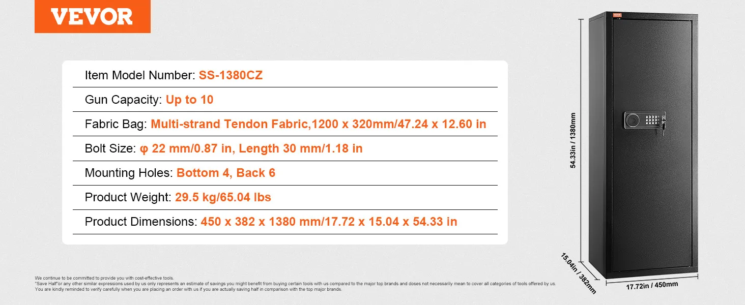 VEVOR gun safe, model ss-1380cz, stores up to 10 guns, 29.5kg, dimensions 450x382x1380mm.