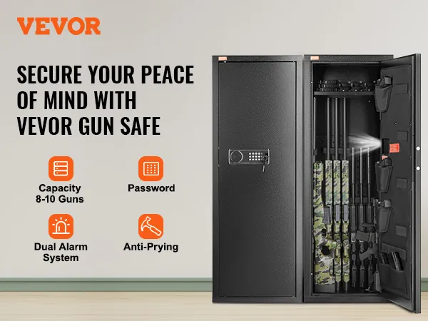 secure your peace of mind with VEVOR gun safe featuring 8-10 gun capacity, password, and dual alarm system.