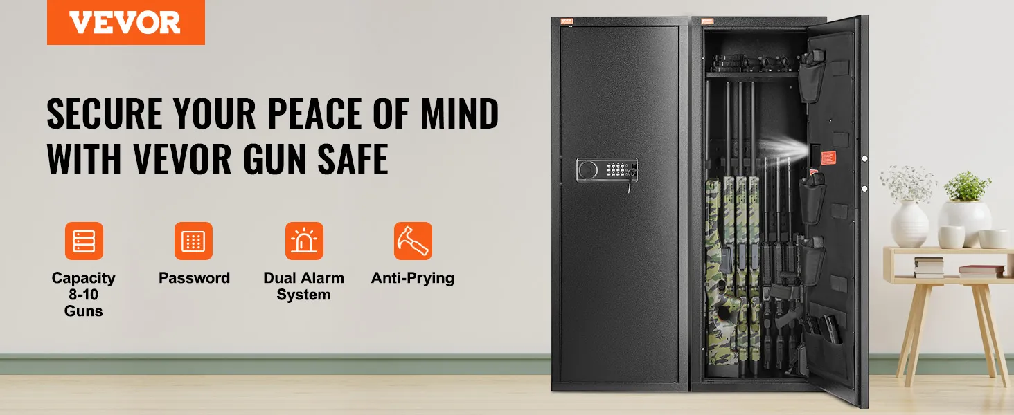 secure your peace of mind with VEVOR gun safe featuring 8-10 gun capacity, password, and dual alarm system.