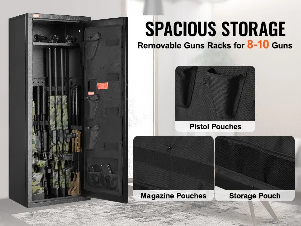 VEVOR gun safe with spacious storage, pistol pouches, magazine pouches, and storage pouch for 8-10 guns.