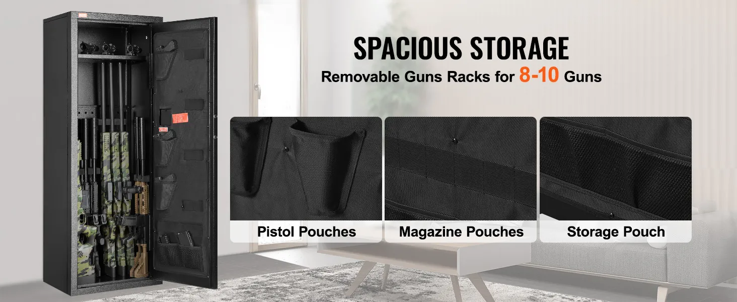 VEVOR gun safe with spacious storage, pistol pouches, magazine pouches, and storage pouch for 8-10 guns.