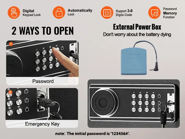 VEVOR gun safe digital keypad lock with password, emergency key, and external power box options.