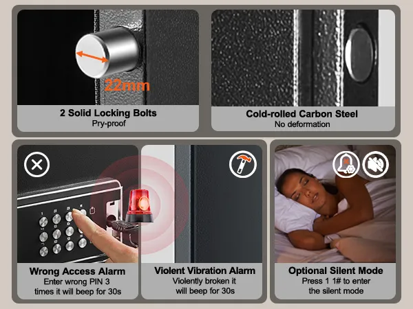 VEVOR gun safe with 22mm solid locking bolts, alarms, and cold-rolled carbon steel for maximum security.