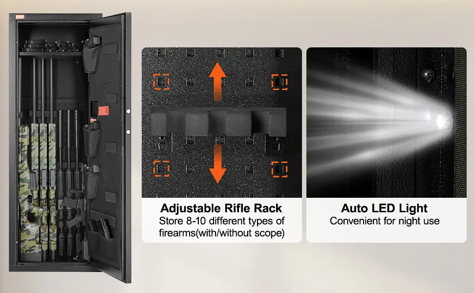 VEVOR gun safe with adjustable rifle rack holding multiple firearms and auto led lights for night use.