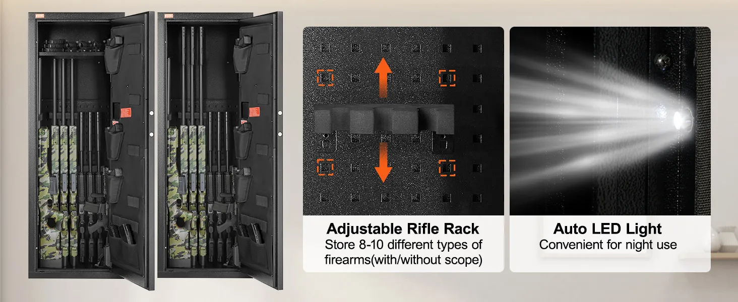 VEVOR gun safe with adjustable rifle rack holding multiple firearms and auto led lights for night use.