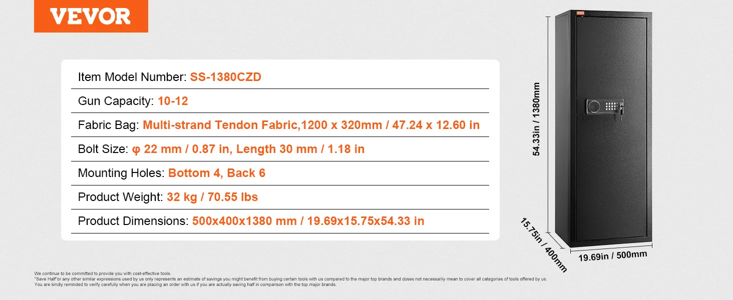 VEVOR rifle safe ss-1380czd, holds 10-12 guns, 54.33in height, keypad lock, weight 32kg, black.