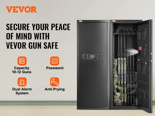 VEVOR rifle safe with dual alarm system, capacity 10-12 guns, password protection, and anti-prying.