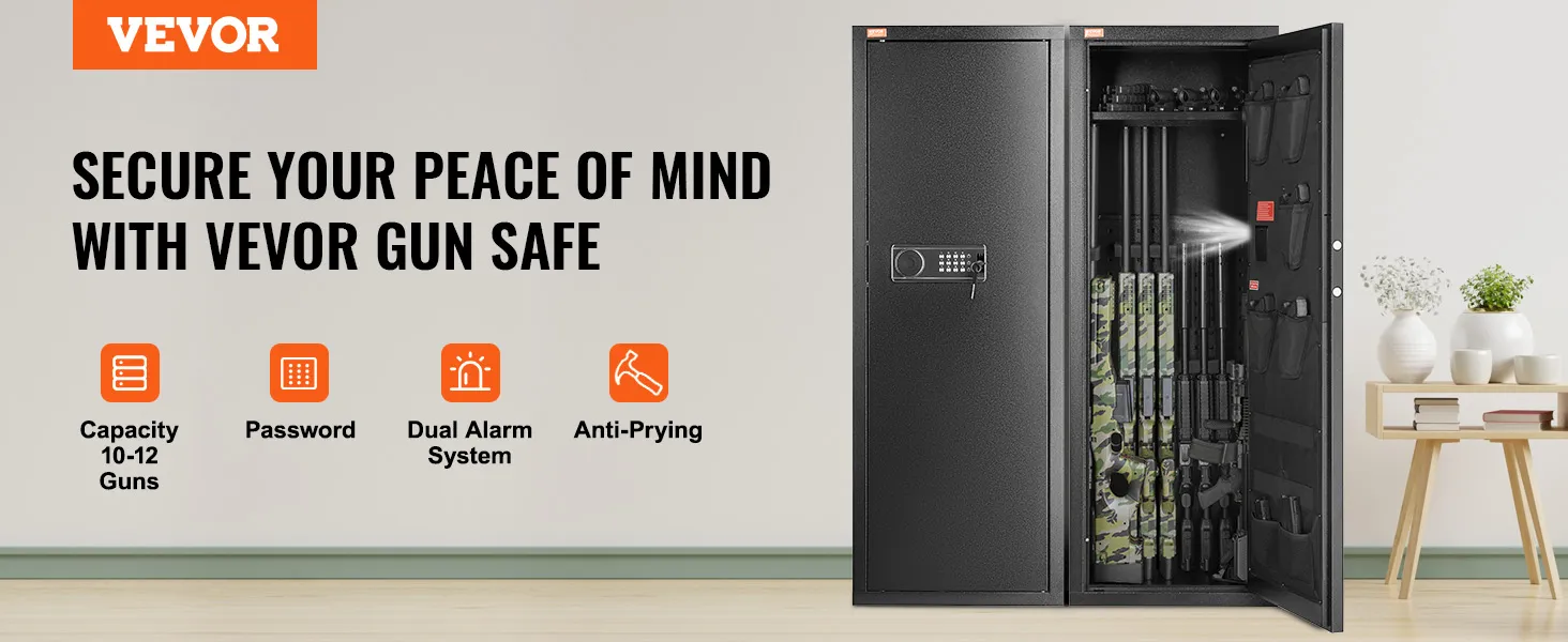 VEVOR rifle safe with dual alarm system, capacity 10-12 guns, password protection, and anti-prying.