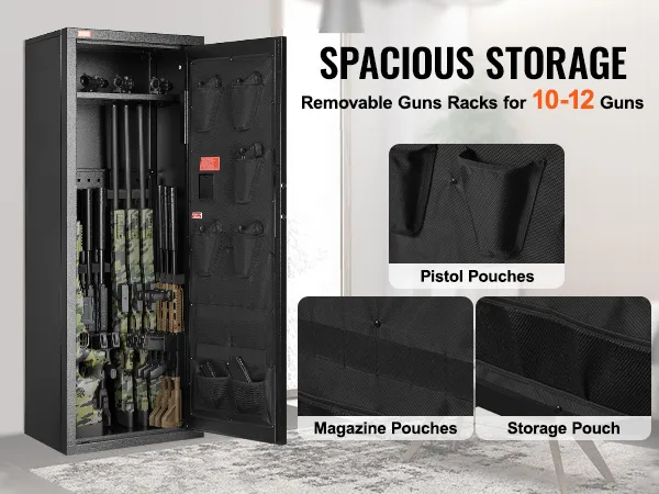 VEVOR rifle safe with spacious storage, removable racks, pistol pouches, magazine pouches, and storage pouch.