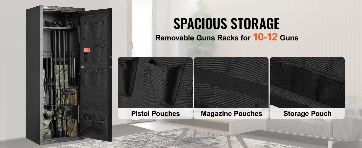 VEVOR rifle safe with spacious storage, removable racks, pistol pouches, magazine pouches, and storage pouch.
